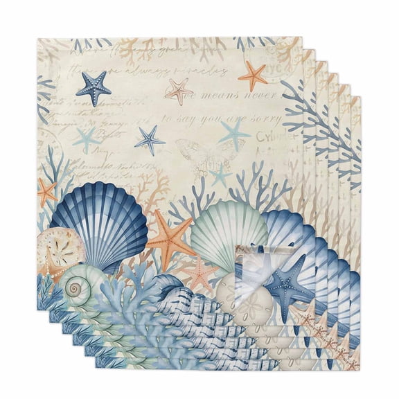 Navy Blue Coastal Cloth Napkins, Shell Starfish Coral Nautical Beige Ocean Washable and Reusable Dinner Napkins Set of 6, Table Napkin for Kitchen Party Birthday Wedding Hotel Housewarming 20"x20"
