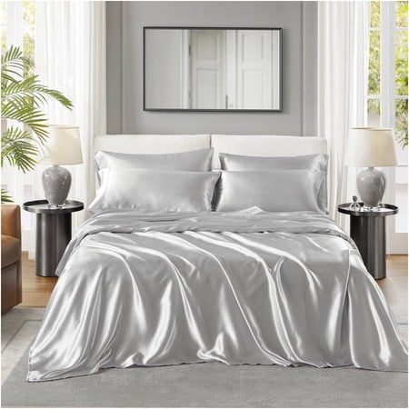 JERFIT 4-Piece Twin Satin Sheet Set - Light Grey, Wrinkle Free, Ultra-Soft & Silky Smooth for Hair and Skin Care, Deep Pocket Fitted Sheet