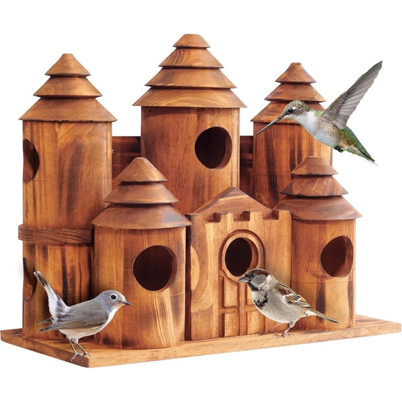 VASGOR Wooden Bird Houses for Outside – 8 Rooms Castle-Style Bird House, Carbonized Pine Rustic Finish, 1.57" Entrance Holes, Decorative Outdoor Bird Nesting Box
