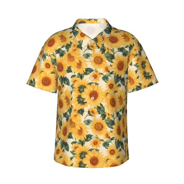 Balery Green Leaf Sunflower Camisas hawaianas de manga corta para hombre, camisas playeras de corte holgado, camisas de vacaciones con botones,Small