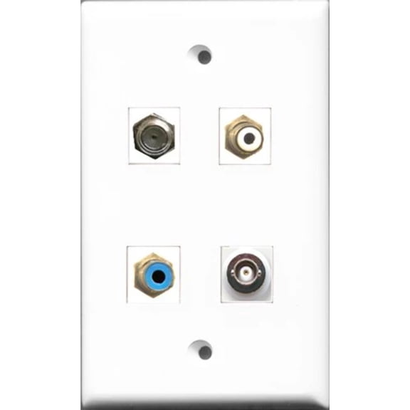 RiteAV 1 Port RCA White and 1 Port RCA Blue and 1 Port Coax Cable TV- F-Type and 1 Port BNC Wall Plate