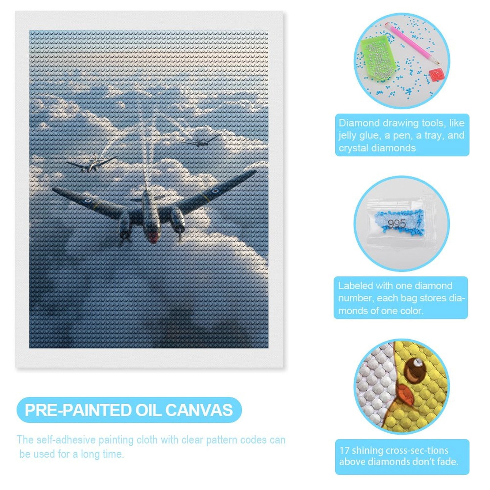 Diamond Art Kits for Adults, Vintage Airplanes Above Clouds 5D Diamond Painting Kits for Adults Beginners, DIY Full Drill Diamond Painting, Gem Art and Crafts 12x16