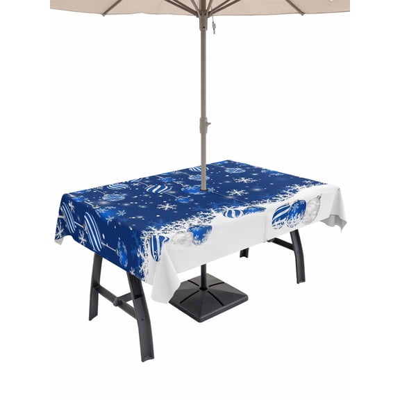 Outdoor Tablecloth with Umbrella Hole and Zipper, Navy Blue Christmas Rectangle Table Cloth 60x120 Inch Waterproof Tablecloth, Weeping Xmas Ball Snowflake Winter Picnic Table Cover for Patio Camping