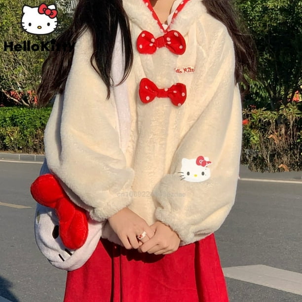 Hello Kitty Kawaii Fashion Fluffy Hoodie For Y2k Girl Casual Loose