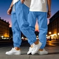 thumbnail image 5 of HomeDM Mens Pants with Pockets Drawstring Elastic Waist Cotton Linen Blue Workout Gym Tapered Joggers Size L, 5 of 9