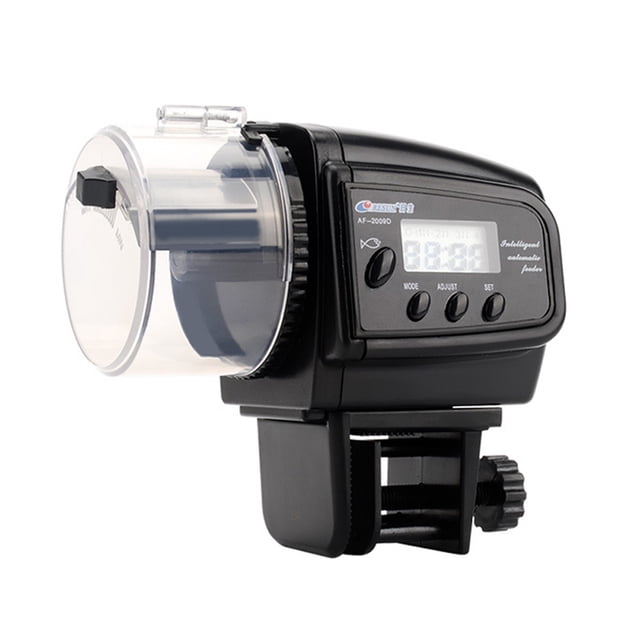 Smart Fish Tank Auto Feeder AF-2009D with Digital Display - Programmable 1-4 Daily Feedings, Adjustable Portion Control, Dual Placement Options, 60ml Capacity, Battery-Powered (Batteries Not