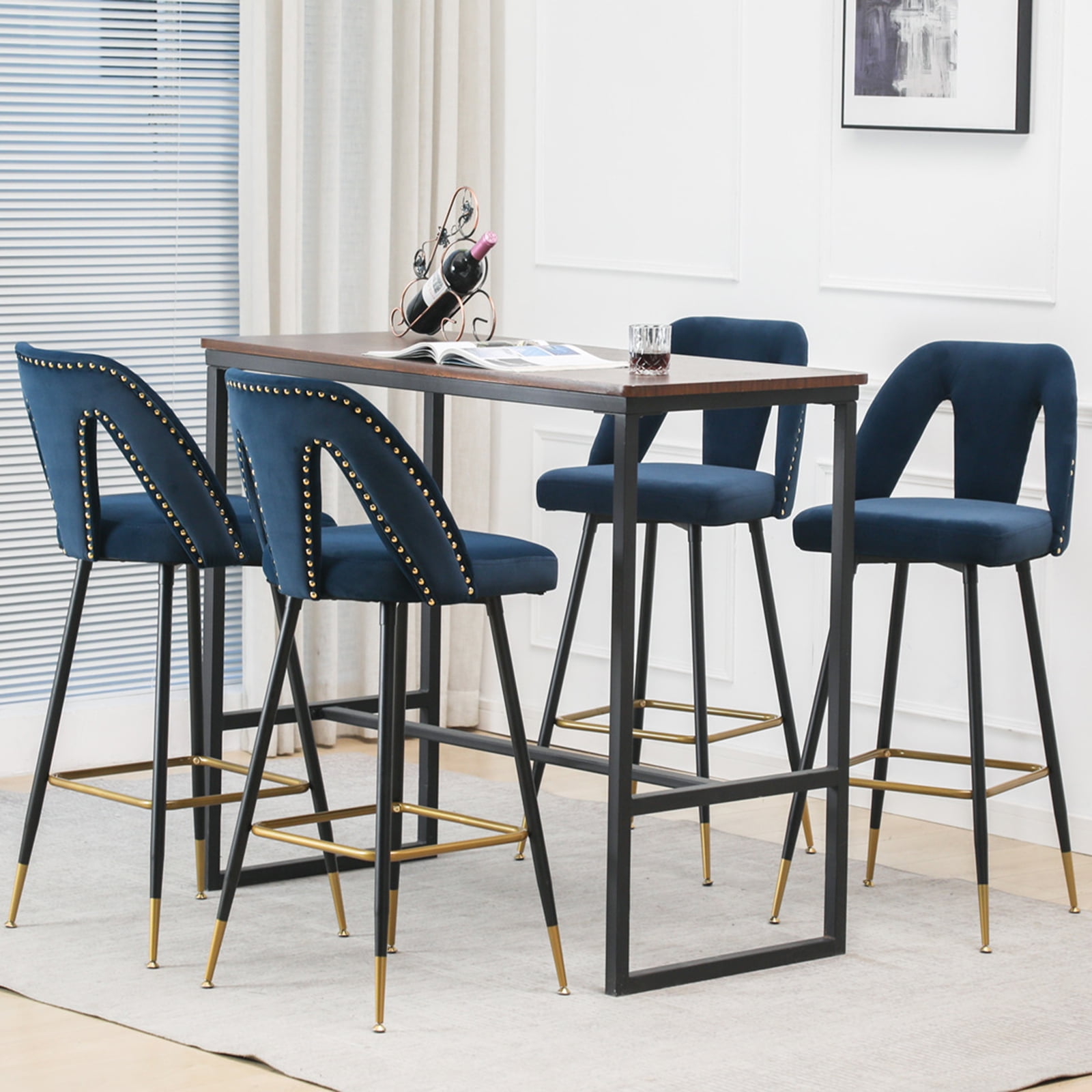 28" Bar Stools Set of 4 Counter Height Velvet Upholstered Bar Chairs