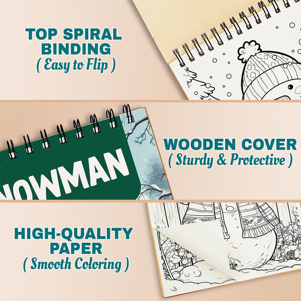 Netecom Snowman Coloring Book Spiral Bound for Adults, A5 Wooden Cover, 30 Cheerful Snowman Coloring Pages in Merry Christmas Day for Stress Relief and Relaxation