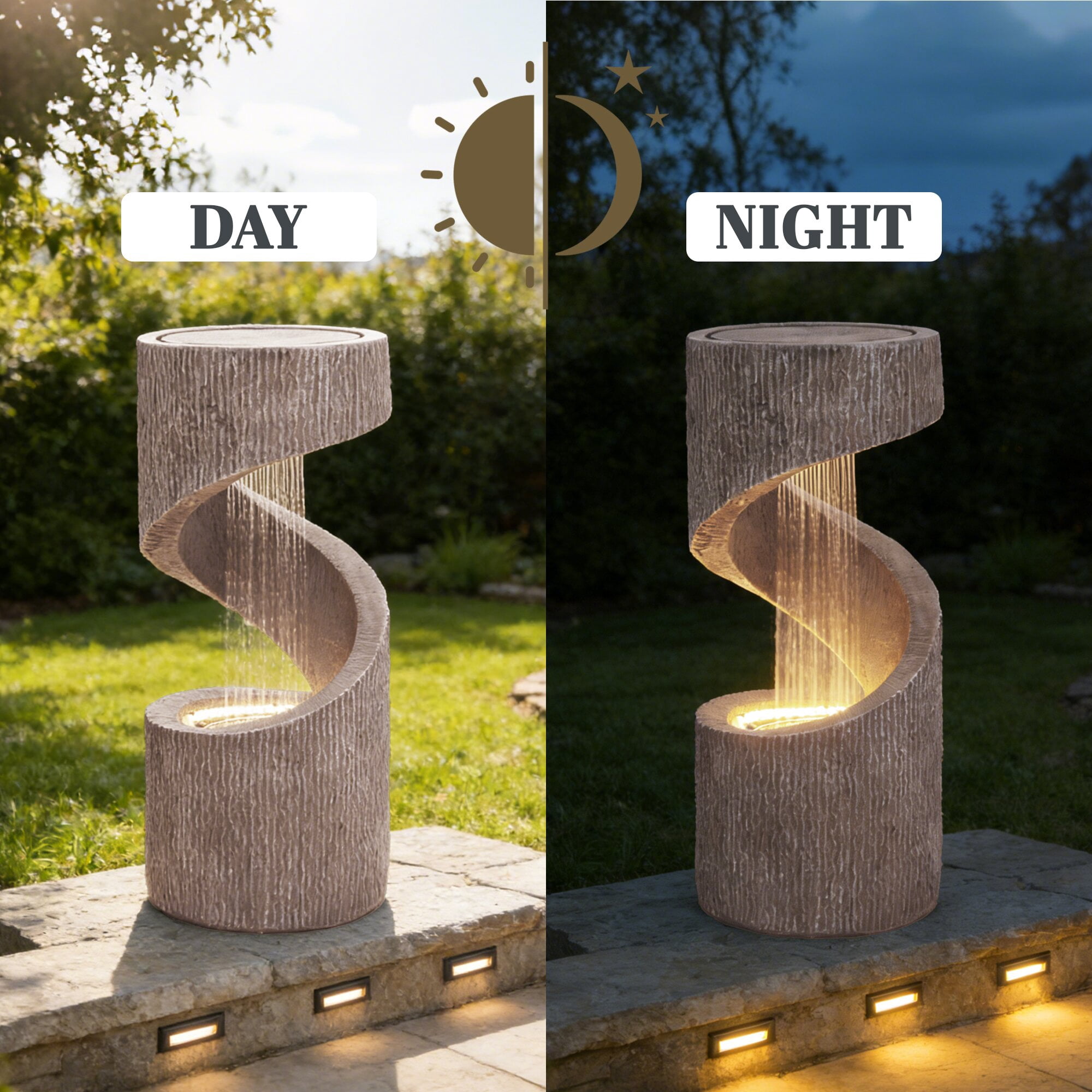 Kaluomm 32" Modern Spiral Column Outdoor Water Fountain with LED Light, Freestanding Resin Waterfall for Patio Garden Decor, Beige