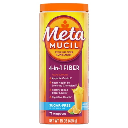 Metamucil 4-in-1 Psyllium Fiber Powder, Sugar-Free, Orange, 72 tsp