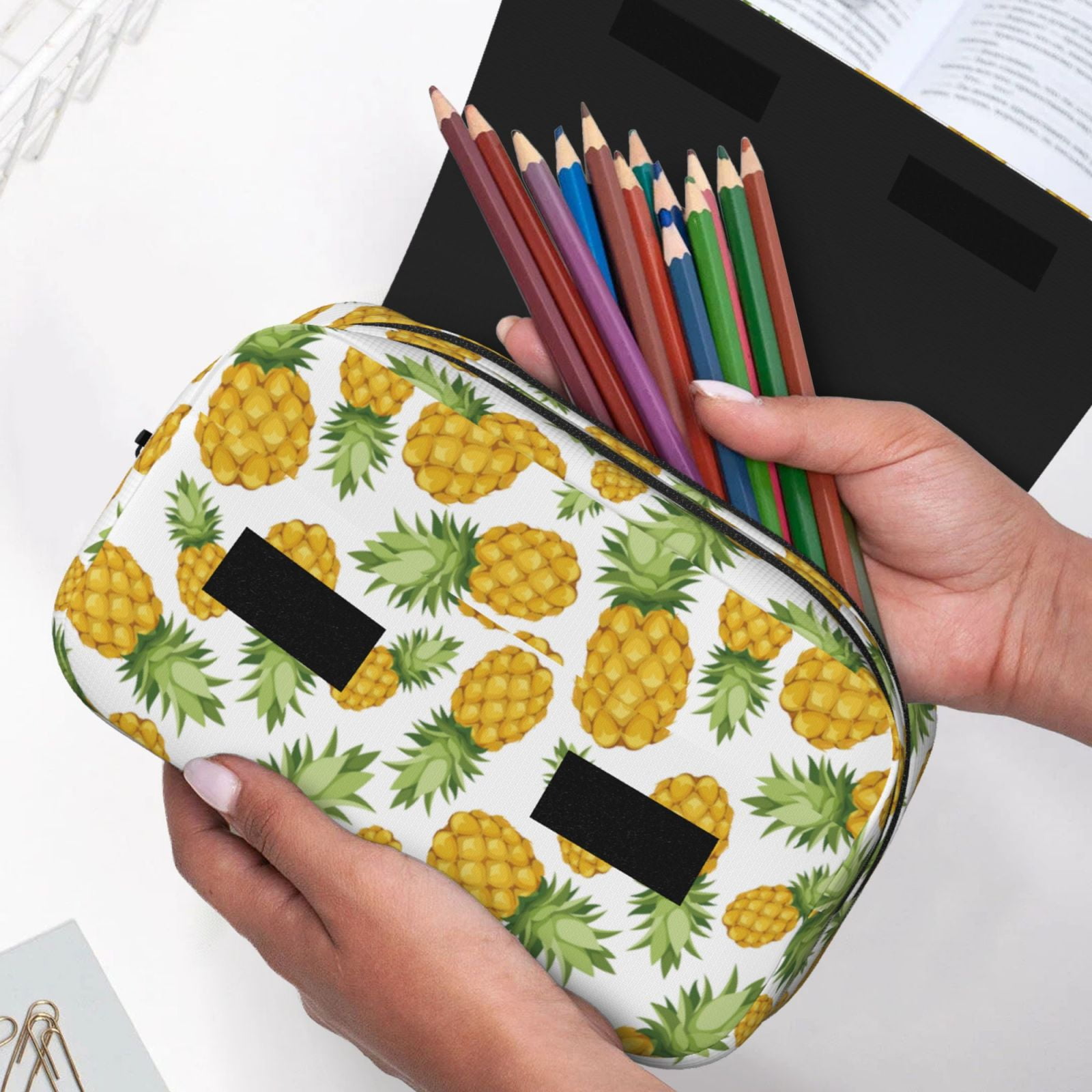 Rateoe Pineapple Pattern Double Clamshell Pen Case, Storage Organizer with Two Zipper Compartments– Holds Up to 50 Pencils & Pens