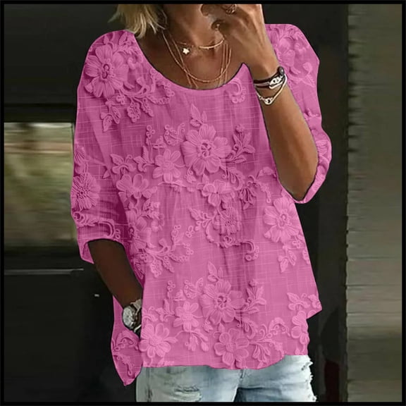HLKJKLS Long Sleeve Shirts For Women Printed 3/4 Sleeve Crew Neck Loose T Shirt Soft Bubble Wrinkles Fashion Pink S-5Xl