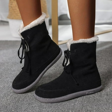 

Juebong Boots Deals Teen Girls Gifts Vintage Round Toe Fleece Warm Solid Ankle Boots Flat Boots for Women