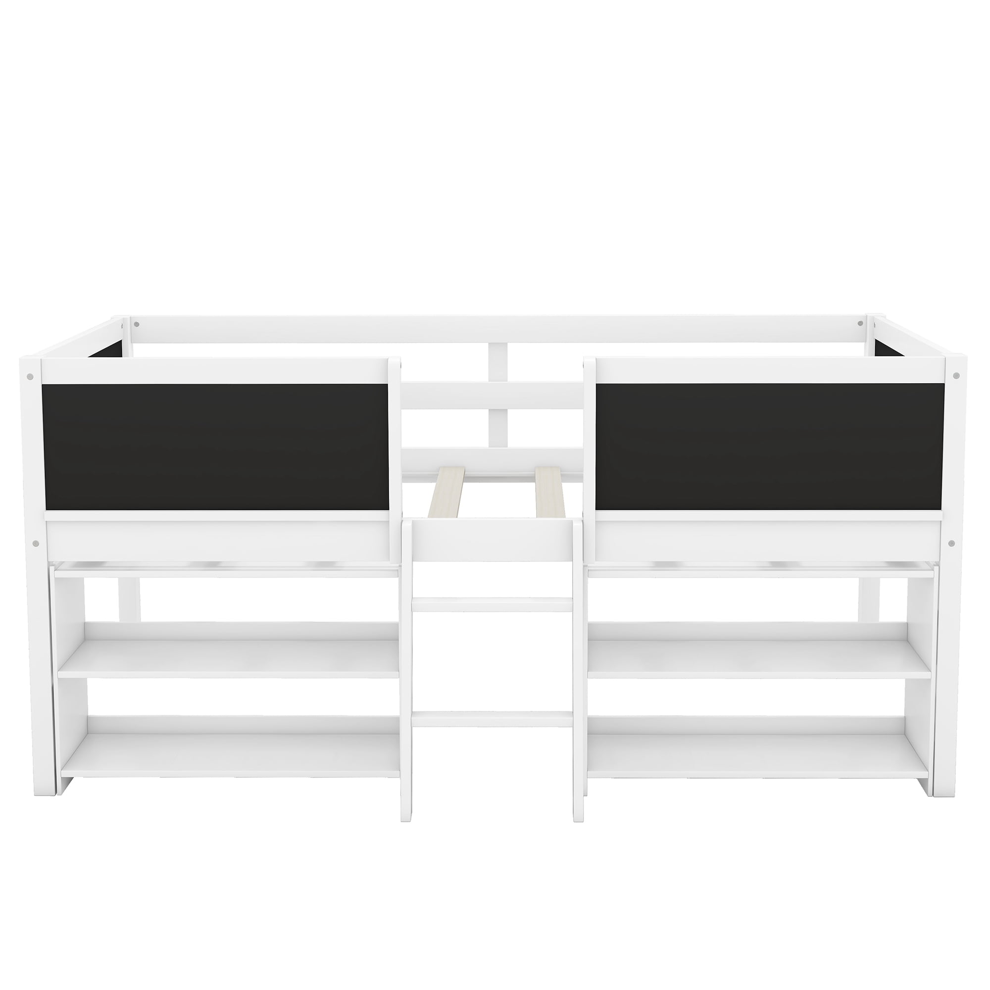 Euroco Twin Size Loft Bed with Shelves and Chalkboard, Storage Bed with Guardrails, White