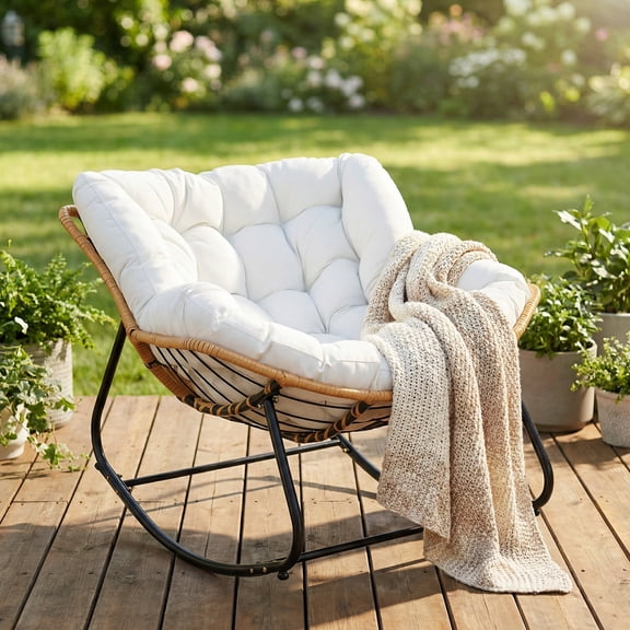 Hoffeorrad Outdoor Rocking Chair, Papasan Egg Style with Thick Cushion, Comfy Patio Lounge Chair for Balcony, Porch and Living Room, 330 lbs Capacity