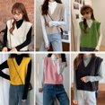 thumbnail image 4 of Women V-Neck Knit Sweater Vest Solid Color Style Sleeveless Crop Knit Vest, 4 of 4