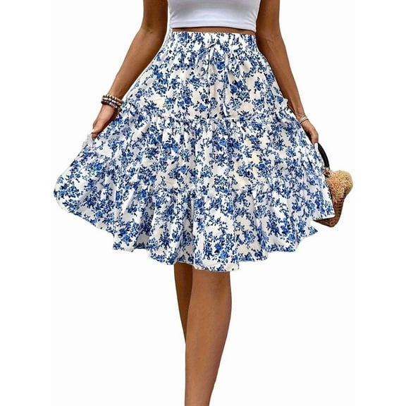 Women'S Floral Print Ruffle Hem Elastic High Waist Tie Front Skirt