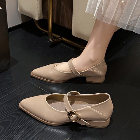 

Autumn New Retro Pointed Small Leather Shoes with One Word Buckle High Heels Thick Heel Casual Mary Jane Shoes for Women