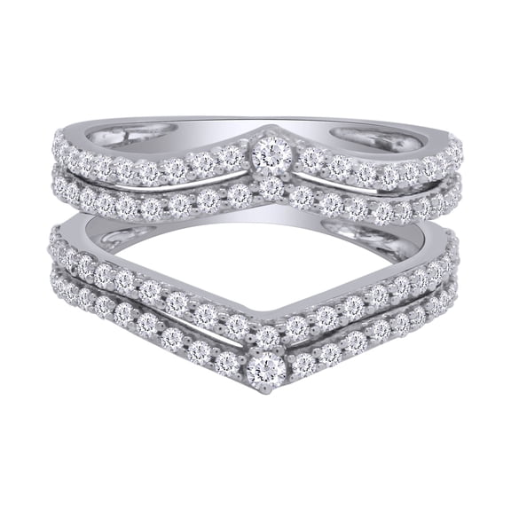 Round Shape White Cubic Zirconia Chevron Two Row Enhancer Guard 10k White Gold Ring Size - 8