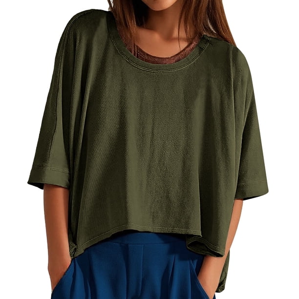 Top corto oversize para mujer: manga corta, corte holgado, diseño fluido, perfecto para looks informales, ropa de estar por casa y capas en verano.