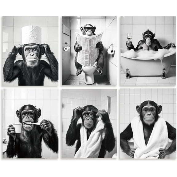 6 Pack Unframed Waterproof Funny Chimpanzee Bathroom Decors Canvas Wall Art Black and White Color 8 x 10 Inch Canvas Wall Posters