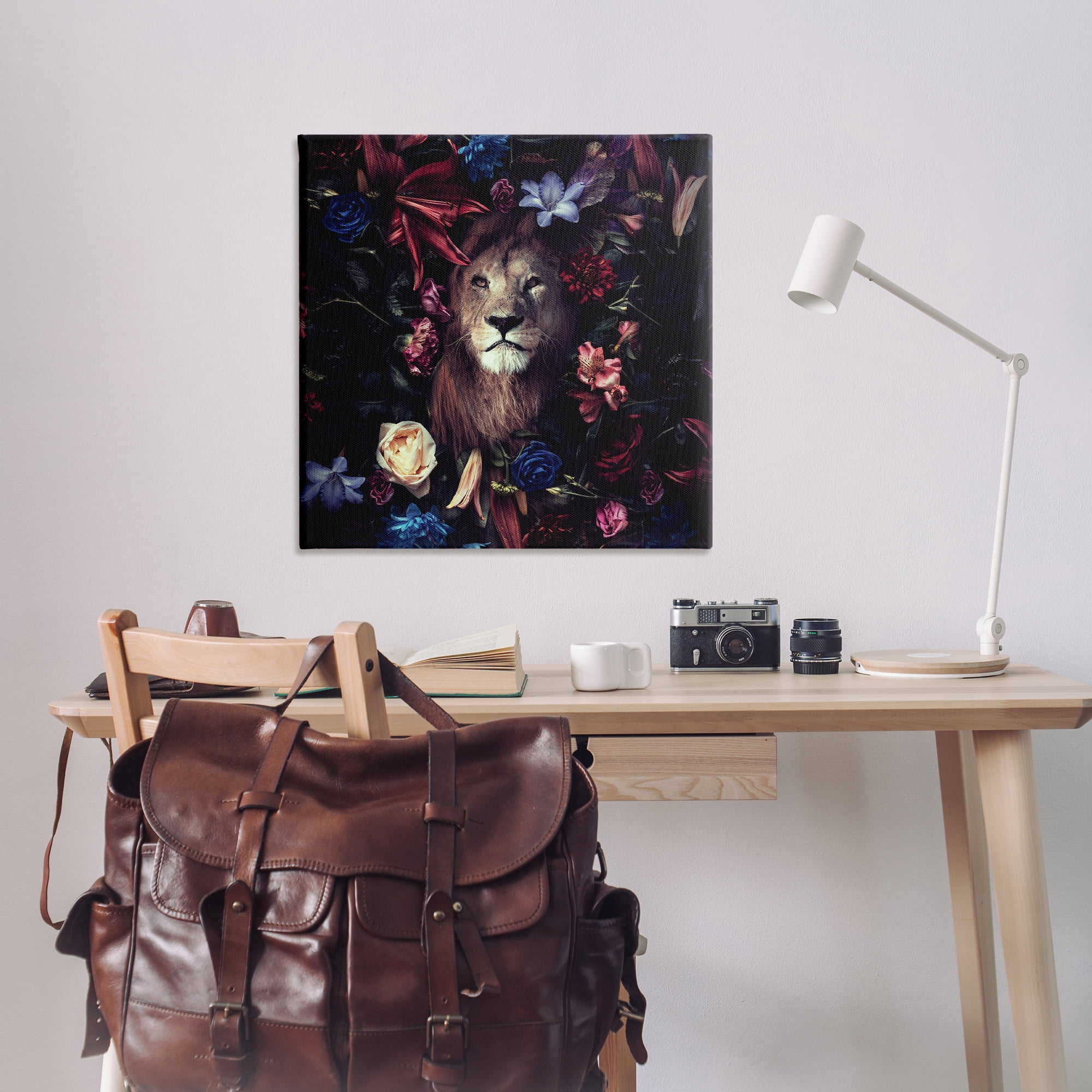 Stupell Industries Lion & Dark Blooms Animals Painting Wrapped Canvas Art Print Wall Art, 36 x 36