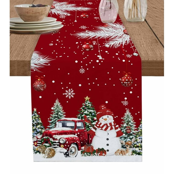 Table Runners 90 Inches Long Dress Scarves, Red Christmas Farmhouse Coffee/Dining/Kitchen Table Runner for Living Room, Xmas Snowman Truck Tree Balls 13x90 Inch