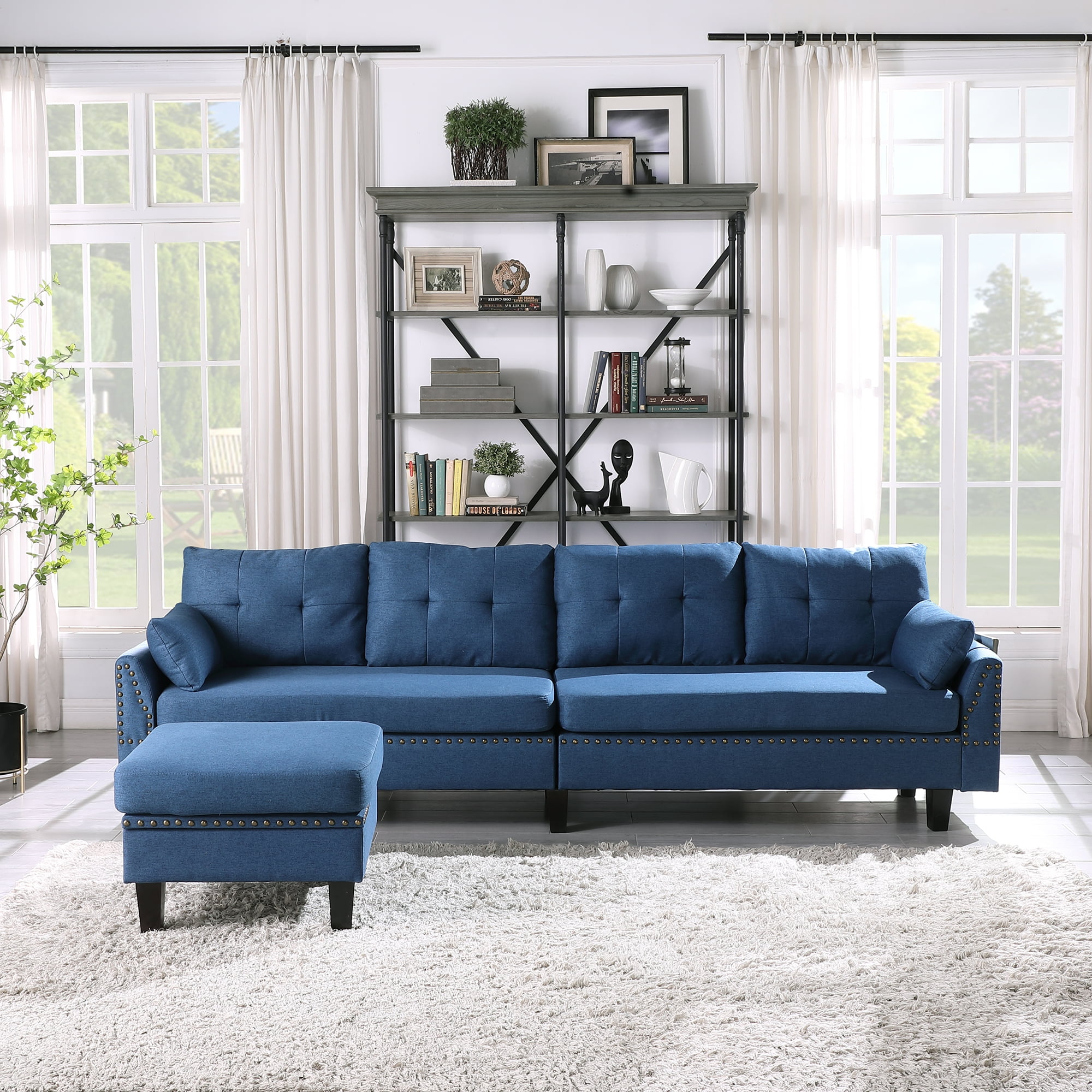 MidCentury Sectional Sofas, Blue Upholstered Modern Living Room Sectional Sofas with Storage