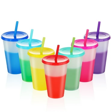 Reusable Plastic Tumblers with Lids & Straws - 7 Pcs 16oz Color Changing Cups for Adults Kids Women Party | Iced Cold Straw Drinking Cute Tumbler Cup Bulk
