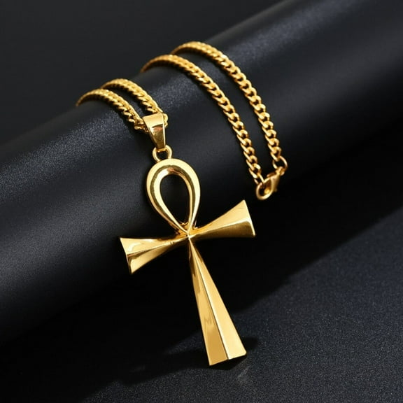 Lordgold Meaning "Life" Egyptian Ankh Pendants Necklace in 14K Yellow Gold Hieroglyph Jewelry with Chain