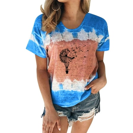 

Womens Casual Fashion Round Neck Tie Dye Printing Short Sleeve T Shirt Blouse Tops Rose Colored Scrubs