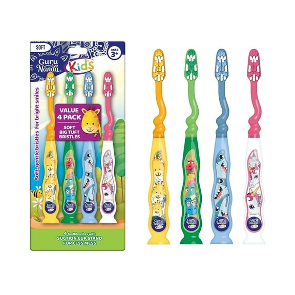 GuruNanda Kids Toothbrush with Suction Cup & Fun Animal Designs, Ages (3-10) - 4 Count
