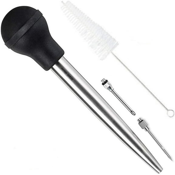 304 Stainless Steel Turkey Baster Syringe Injector Needle With Cleaning Brush- black Rubber Bulb