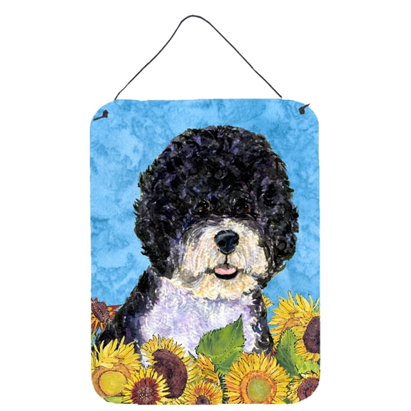 Portuguese Water Dog in Summer Flowers Wall or Door Hanging Prints