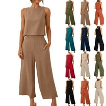 Horkkom Linen Sets for Women 2 Piece Solid Color Tank Tops Wide Leg Pants with Pockets Casaul Soft Cotton Matching Sets Plus Size Summer Beach Vacation Outfits