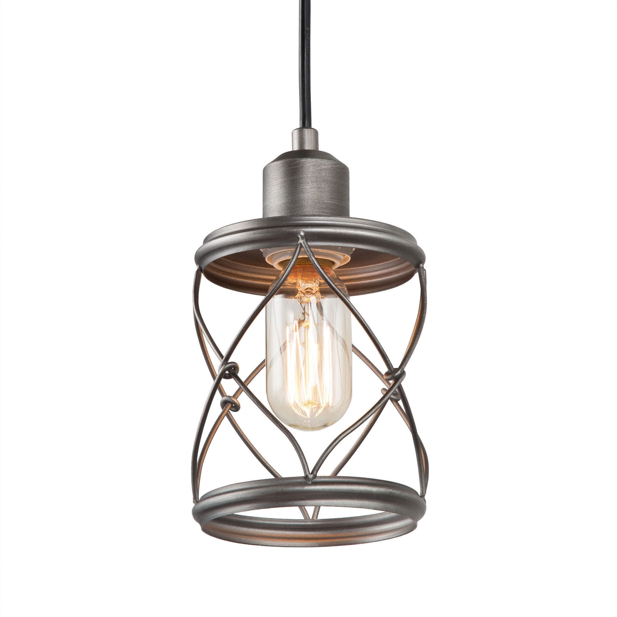 LNC 1-Light Brushed Gray Drum Cage Mini Pendant for Kitchen Island or Dining