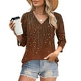 thumbnail image 2 of CYMMPU Blouses for Women Dressy Casual V Neck Spring Tops 3/4 Sleeve Flower Pattern Tunic Tops Fall Fashion Shirts Loose Fit Business Elegant Work Topss Brown S, 2 of 7