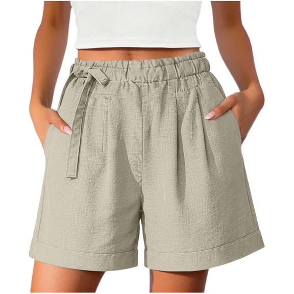 Women's Lightweight Shorts Comfy Drawstring Waist Cuffed Shorts Summer Linen Shorts for Women Khaki L