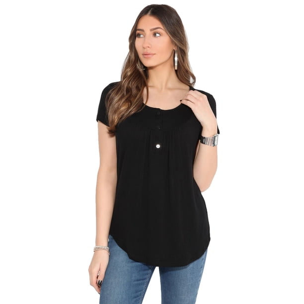 Krisp - Jersey Acampanado de Manga Corta para Mujer (Negro)