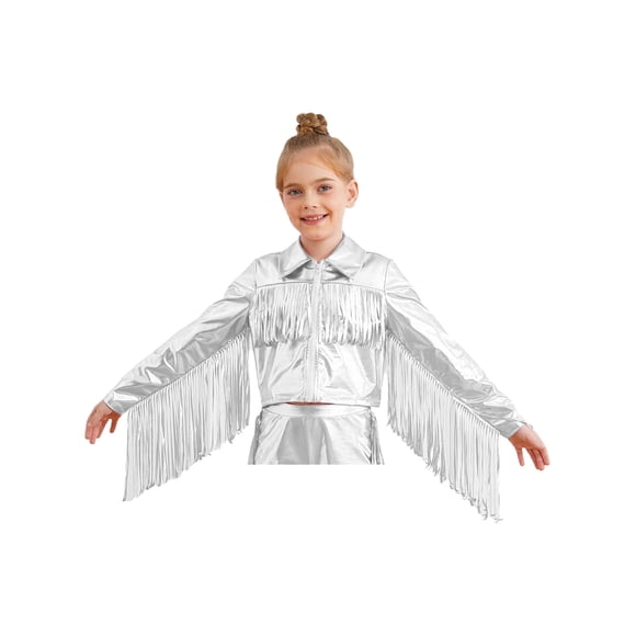 Jhaoyu Kids Girls Sparkly Metallic Tassel Fringe Long Sleeve Hip Hop Jazz Dance Jacket Zipper PU Leather Coat Party Outwear Silver 10