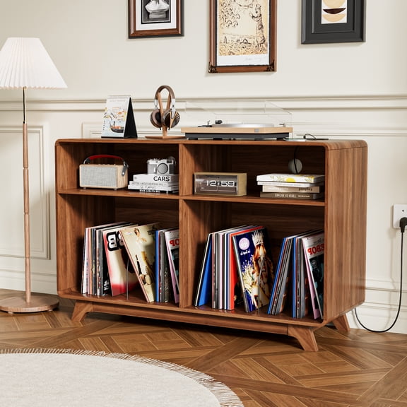 Record Player Stand with Charging Station, Modern Turntable Stand, Vinyl Record Cabinet for Living Room