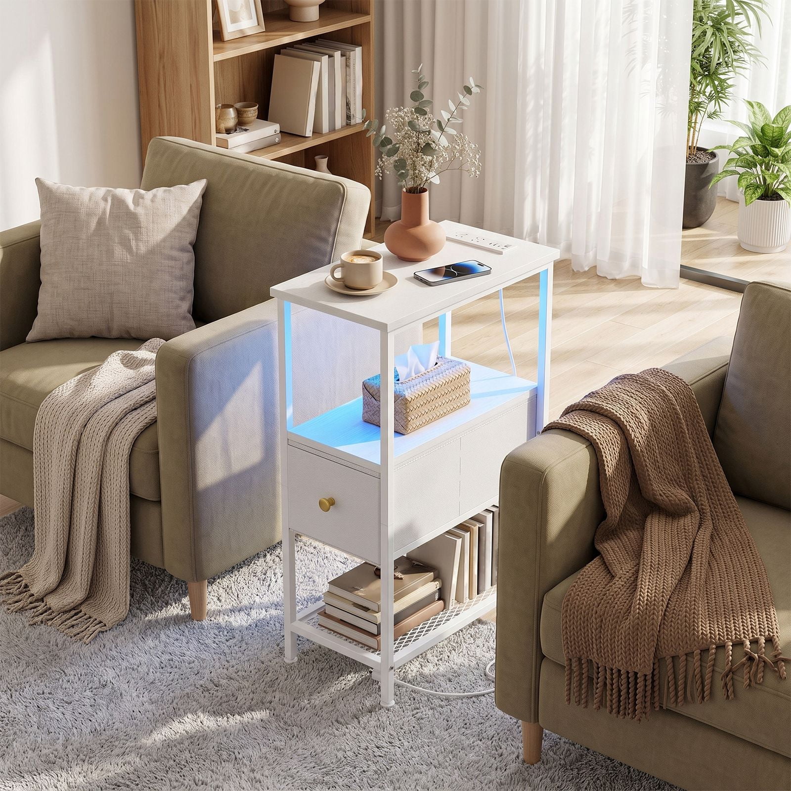 Narrow Nightstand with Charging Station and RGB LED Light, End Table with Fabric Drawer and Mesh Shelf, Steel and Engineered Wood, 26 in H