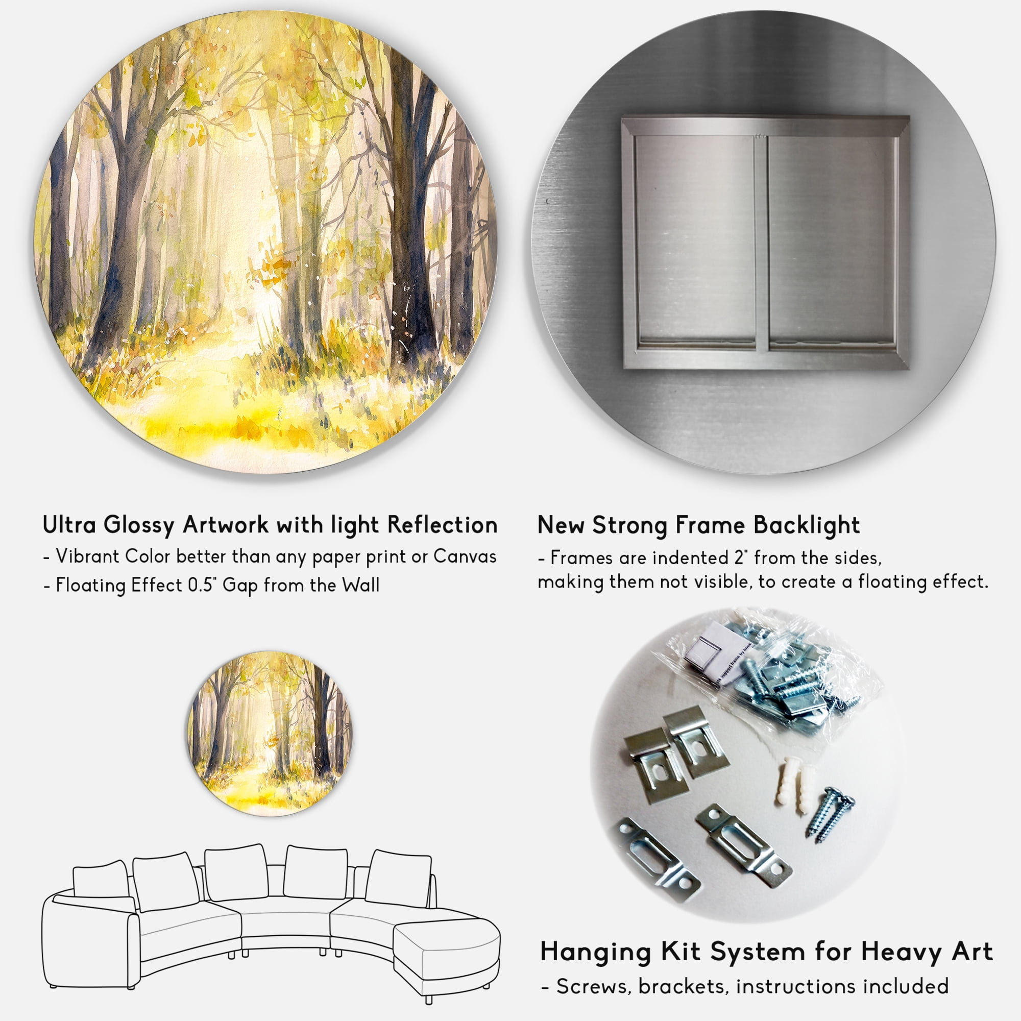 Designart 'Bright Sunshine Through The Yellow Forest Trees I' Traditional Circle Metal Wall Art 11x11 - Disc of 11
