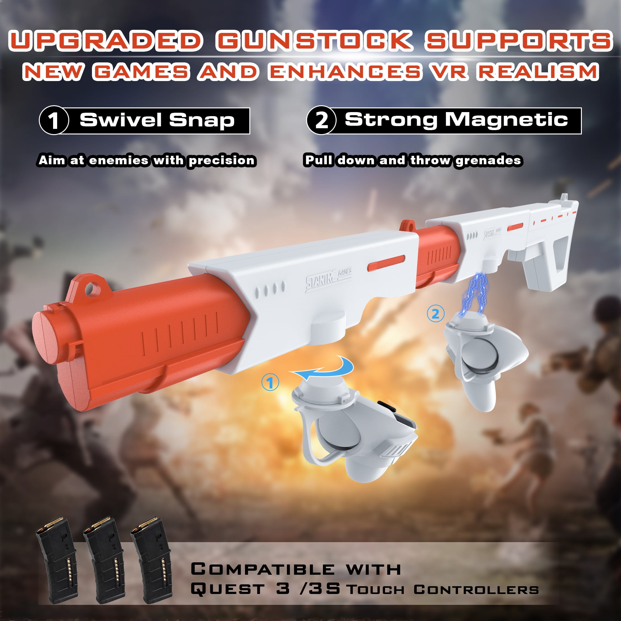 VR Gunstock for Meta Quest 3, Quest 3S Rifle-Like or Dual-Pistol Handle VR Gun Stock Quest3 VR Games Accessories Connect to Touch Controller, Real Game Feeling