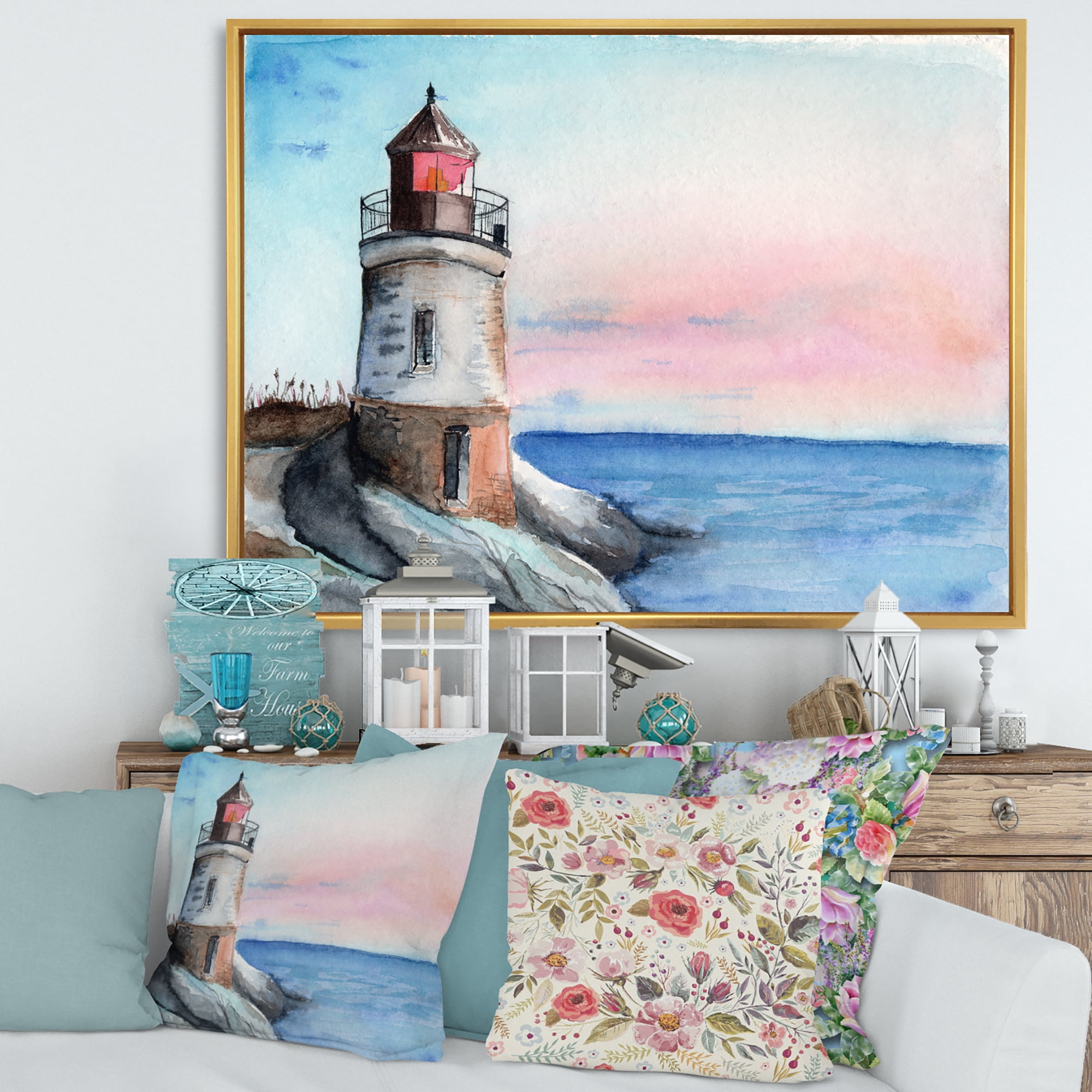 Designart 'A Lighthouse On A Rock Shore At Dawn' Nautical & Coastal Framed Canvas Wall Art Print