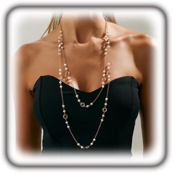 Gold Layered Long Chain Necklaces for Women, Minimalist Faux Pearl Beaded Strand Necklaces, Y2K Aesthetic Boho Necklace Set