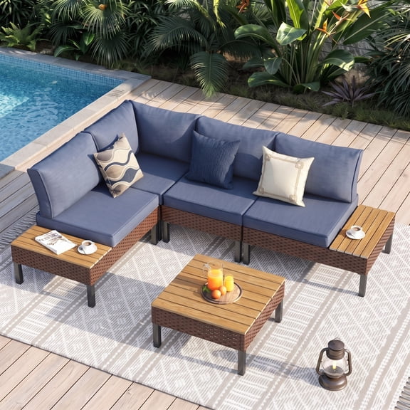 Poteban 5-piece Outdoor Patio Furniture Set with Modular Sofa, ,L-Shaped Outdoor Conversation Set with Coffee Table for Backyard,Lawn,Garden,Navy Blue