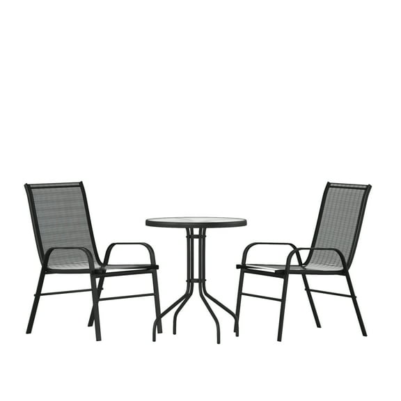 Flash Furniture Brazos Series 3-Piece Steel Glass Patio Table and Chair Set, Black