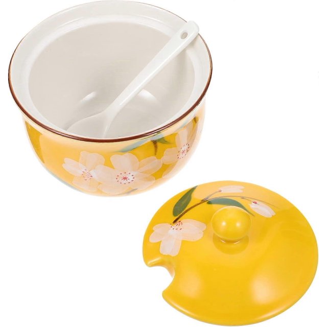 1 Set of Ceramic Seasoning Jar Condiment Pots with Spoons Sugar Bowls Salt Container Farmhouse Kitchen Decor Yellow Cutlery Tray