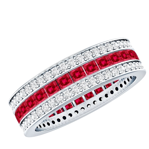 Rosec Jewels Lab Grown Ruby 3 Row Eternity Ring - AAAA Grade Princess Cut Ruby Wedding Band with Moissanite - with Jewelry Box, 925 Sterling Silver, US 4.00